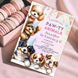女の子の子犬パーティー 1歳の誕生日招待状 招待状