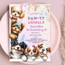 女の子の子犬パーティー 1歳の誕生日招待状