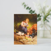 女の子の子猫とレトリバー犬がミルクを飲む シーズンポストカード (スタンド正面)