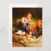 女の子の子猫とレトリバー犬がミルクを飲む シーズンポストカード (正面/裏面)