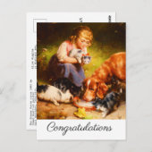 女の子の子猫とレトリバー犬がミルクを飲む ポストカード (正面/裏面)