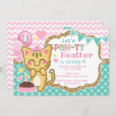 女の子の子猫のプリンセスの誕生日の足tyの招待状 招待状 (正面/裏面)