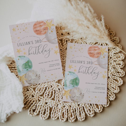 女の子の宇宙誕生日パーティー招待状 招待状