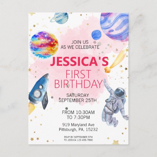 女の子の宇宙飛行士 ロケット 惑星 宇宙 ポストカード (正面)