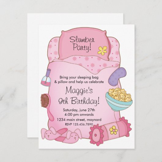 女の子の寝袋の誕生日の招待状 招待状 (正面/裏面)