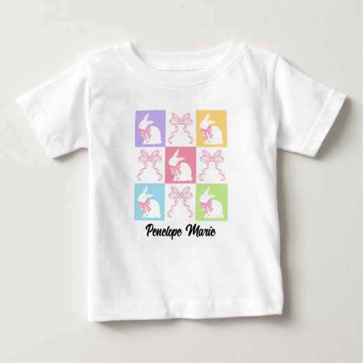 女の子の市松模様にレトロイースターバニーコケットボウ ベビーTシャツ (正面)