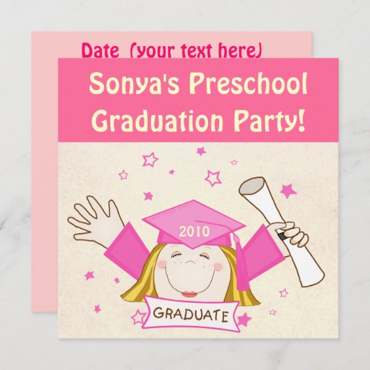 女の子の幼稚園/幼稚園の卒業パーティー 招待状 (正面/裏面)