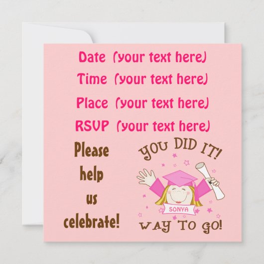 女の子の幼稚園/幼稚園の卒業パーティー 招待状 (裏面)