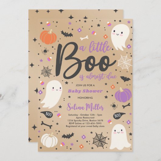 女の子の幽霊リトルブーはデューハロウィーン赤ちゃんシャワー 招待状 (正面/裏面)
