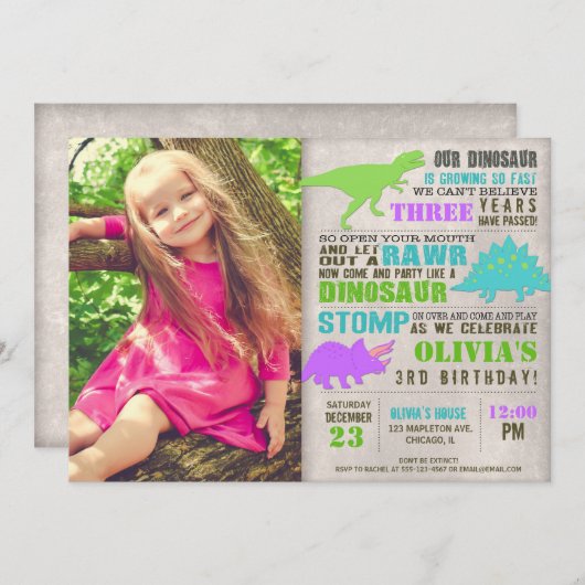 女の子の恐竜のディーノの発掘の誕生会の写真 招待状 (正面/裏面)