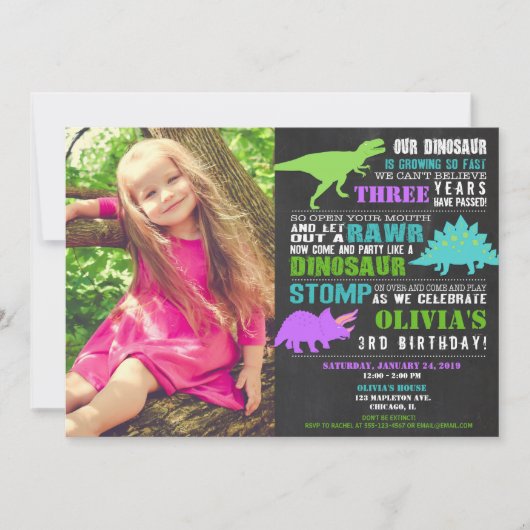 女の子の恐竜の誕生日のティール（緑がかった色）の緑の紫色の写真 招待状 (正面)