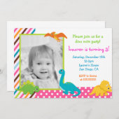 女の子の恐竜の誕生日の招待状のための 招待状 (正面/裏面)