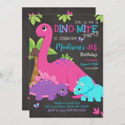 女の子の恐竜の誕生日の招待状/ディーノのパーティー 招待状 (正面/裏面)