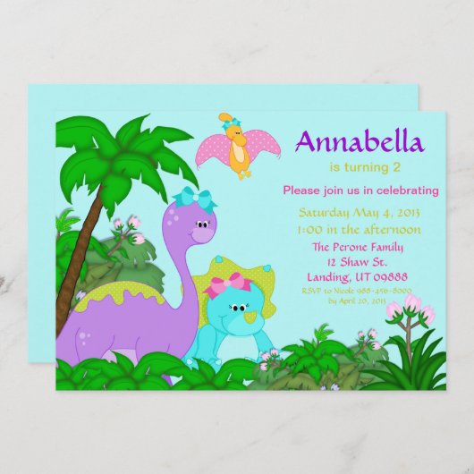 女の子の恐竜の誕生日の招待状 招待状 (正面/裏面)
