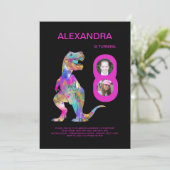 女の子の恐竜の誕生日パーティピンク 招待状 (スタンド正面)