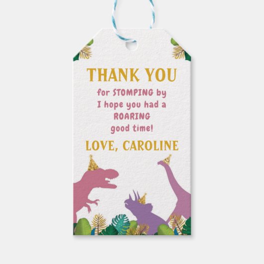 女の子の恐竜の誕生日パーティーありがとうラベル ギフトタグ (正面)