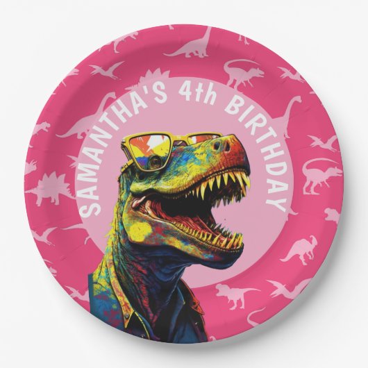 女の子の恐竜の誕生日パーティー ペーパープレート (正面)