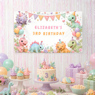 女の子の恐竜の誕生日パーティー 横断幕