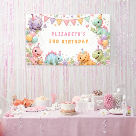 女の子の恐竜の誕生日パーティー 横断幕 (パーティー)