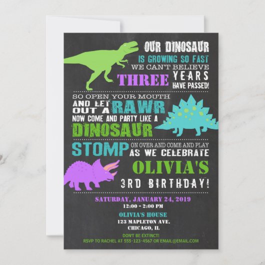 女の子の恐竜の誕生日招待状の黒板 招待状 (正面)