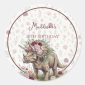 女の子の恐竜の誕生日 ラウンドシール (正面)
