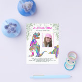 女の子の恐竜バジェットバースデーパーティー招待状ピンク チラシ (シングル)