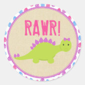 女の子の恐竜誕生日スティッカーピンク恐竜 ラウンドシール (正面)