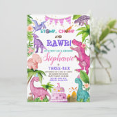 女の子の恐竜3レックス3番目の誕生日パーティーピンク 招待状 (スタンド正面)