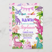 女の子の恐竜3レックス3番目の誕生日パーティーピンク 招待状 (正面/裏面)