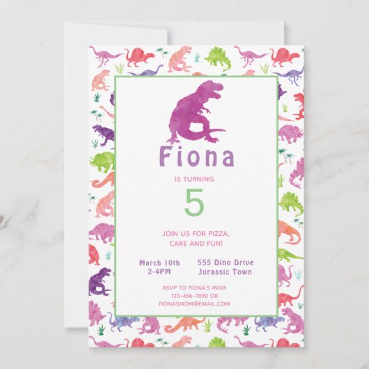 女の子の恐竜Tレックス誕生日パーティーの招待 招待状 (正面)