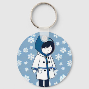 女の子の悲しい雪の白い青の繰り返しパターン キーホルダー