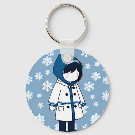 女の子の悲しい雪の白い青の繰り返しパターン キーホルダー (正面)