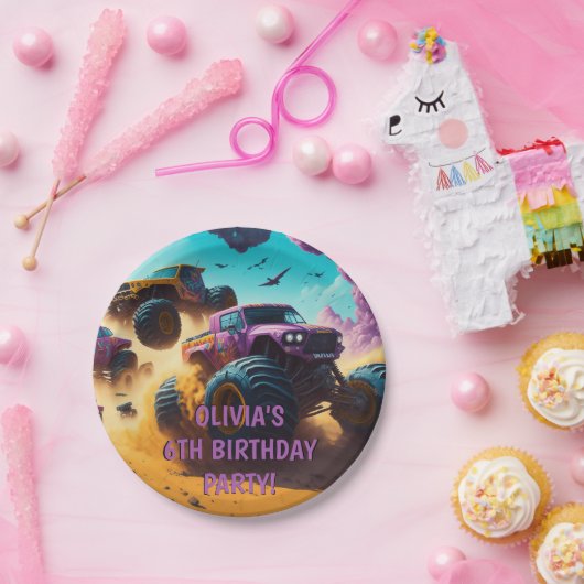女の子の愛モンスタートラックも誕生日パーティー ペーパープレート (パーティー)