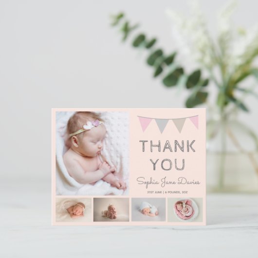 女の子の感謝していベビーあなた、ピンクの出生発表 ポストカード (スタンド正面)
