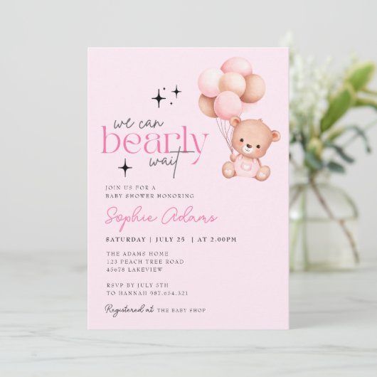 女の子の我々はbearly待つことができるテディベア赤ちゃんシャワー 招待状 (スタンド正面)
