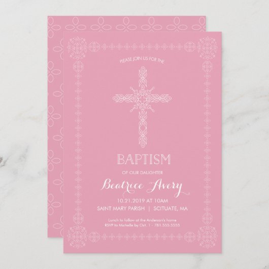 女の子の招待状のエレガントな十字に洗礼を施す洗礼 招待状 (正面/裏面)