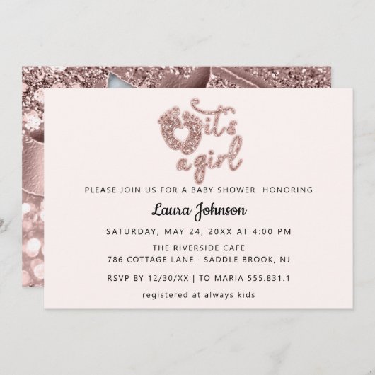 女の子の新生児写真カスタムバラFeetGlitte 招待状 (正面/裏面)