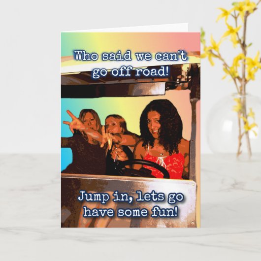 女の子の旅行いくつかのおもしろいを持って行く。 カード (黄色い花)