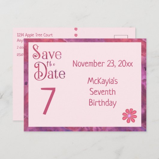 女の子の日付7番目の誕生日を保存 案内ポストカード (正面/裏面)