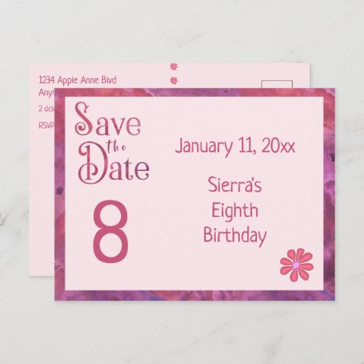 女の子の日付8誕生日を保存 案内ポストカード (正面/裏面)