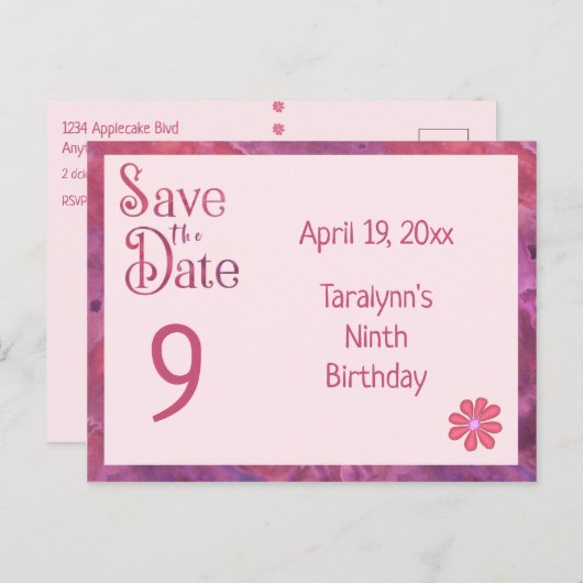 女の子の日付9番目の誕生日を保存 案内ポストカード (正面/裏面)