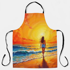 女の子の日没ビーチ歩く海波の装飾 エプロン