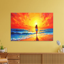 女の子の日没ビーチ歩く海波の装飾 キャンバスプリント