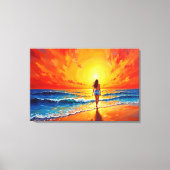 女の子の日没ビーチ歩く海波の装飾 キャンバスプリント (正面)