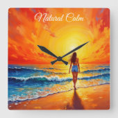 女の子の日没ビーチ歩く海波の装飾 スクエア壁時計 (正面)