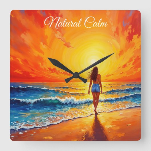 女の子の日没ビーチ歩く海波の装飾 スクエア壁時計 (正面)