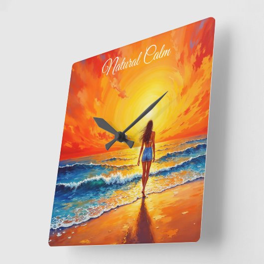 女の子の日没ビーチ歩く海波の装飾 スクエア壁時計 (傾斜)