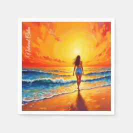 女の子の日没ビーチ歩く海波の装飾 スタンダードカクテルナプキン