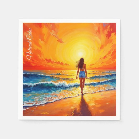 女の子の日没ビーチ歩く海波の装飾 スタンダードカクテルナプキン (正面)