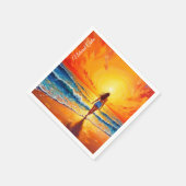 女の子の日没ビーチ歩く海波の装飾 スタンダードカクテルナプキン (角)